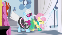 Size: 1280x720 | Tagged: safe, screencap, fluttershy, photo finish, earth pony, pegasus, pony, g4, green isn't your color, season 1, alternate hairstyle, animated, clothes, cute, dress, excited, eyes closed, female, flutterbeautiful, gif, grin, happy, jumping, loop, modelshy, nervous, photaww finish, photobetes, pronking, smiling, squee, sunglasses