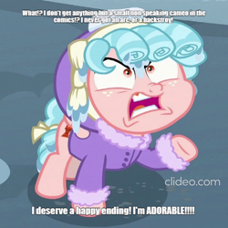 Size: 944x944 | Tagged: safe, edit, edited screencap, screencap, cozy glow, pegasus, pony, frenemies (episode), g4, season 9, angry, cozy glow is not amused, female, filly, frown, meme, open mouth, solo