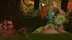 Size: 1280x720 | Tagged: safe, artist:dobbydeeps, fluttershy, rainbow dash, pegasus, pony, g4, 3d, female, forest, grass, lesbian, looking at each other, looking at someone, mare, ship:flutterdash, shipping, source filmmaker, tree