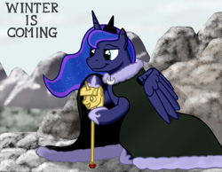 Size: 1080x840 | Tagged: safe, artist:hoofclid, princess luna, alicorn, pony, g4, game of thrones, scepter, solo, twilight scepter, winter is coming