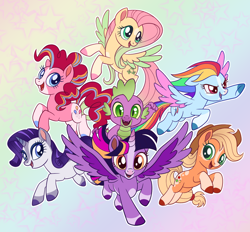 Size: 1074x995 | Tagged: safe, artist:s0ftserve, applejack, fluttershy, pinkie pie, rainbow dash, rarity, spike, twilight sparkle, alicorn, dragon, earth pony, pegasus, pony, unicorn, g4, my little pony: the movie, alternate design, clothes, colored hooves, female, male, mane seven, mane six, mare, smiling, spread wings, stock vector, twilight sparkle (alicorn), wings