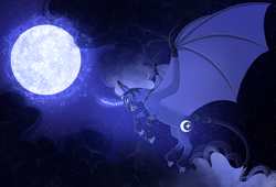 Size: 5837x3963 | Tagged: safe, artist:s0ftserve, nightmare moon, alicorn, classical unicorn, pony, unicorn, g4, bat wings, cloven hooves, female, flying, full moon, glowing, glowing horn, horn, large wings, leonine tail, mare, moon, solo, unshorn fetlocks, wings