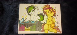 Size: 4640x2088 | Tagged: safe, artist:julunis14, oc, oc only, oc:degrano, oc:jessy melody, earth pony, pony, dj table, headphones, musical instrument, photo, record player, saxophone, traditional art