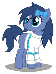Size: 2780x3650 | Tagged: safe, artist:strategypony, oc, oc only, oc:whinny, earth pony, pony, 2022 community collab, derpibooru community collaboration, bow, clothes, earth pony oc, female, hair bow, high res, mare, shadow, simple background, size difference, smiling, solo, sweater, transparent background