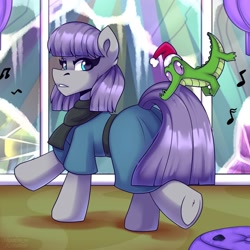 Size: 2000x2000 | Tagged: safe, artist:shadowreindeer, gummy, maud pie, alligator, earth pony, pony, reptile, g4, christmas, clothes, dancing, dress, female, hat, high res, holiday, male, mare, music notes, party, santa hat, underhoof, winter party