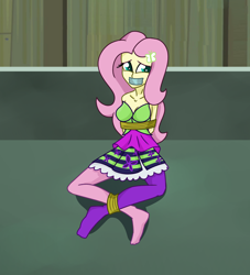Size: 1484x1631 | Tagged: safe, artist:splendidbondage, part of a set, fluttershy, equestria girls, ankle tied, arm behind back, bondage, bound and gagged, clothes, female, gag, pantyhose, rainbow rocks outfit, rope, rope bondage, set:rainbooms in bondage, skirt, solo, stocking feet, tape, tape gag