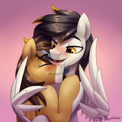 Size: 3000x3000 | Tagged: safe, artist:jedayskayvoker, oc, oc only, oc:gear (gearslavehorse), oc:thunder arch, pegasus, pony, blaze (coat marking), blushing, coat markings, colored, commission, couple, cute, duo, eyebrows, eyebrows visible through hair, facial markings, four-limbed hug, gay, gradient background, high res, hug, male, pegasus oc, winghug, wings