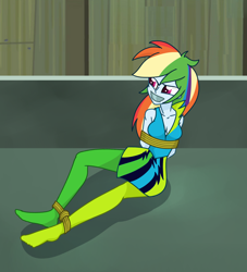Size: 1484x1631 | Tagged: safe, artist:nie-martw-sie-o-mnie, part of a set, equestria girls, g4, ankle tied, arm behind back, bare shoulders, bondage, breasts, cleavage, clothes, female, gag, pantyhose, rainbow rocks outfit, rope, rope bondage, set:rainbooms in bondage, skirt, solo, stocking feet, tape, tape gag