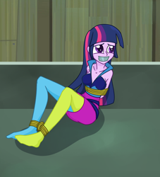 Size: 1484x1631 | Tagged: safe, artist:nie-martw-sie-o-mnie, part of a set, twilight sparkle, equestria girls, g4, ankle tied, bare shoulders, bondage, bound and gagged, clothes, female, gag, pantyhose, rainbow rocks outfit, rope, rope bondage, set:rainbooms in bondage, solo, stocking feet, tape, tape gag