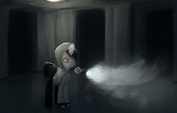 Size: 2000x1278 | Tagged: safe, artist:menalia, pony, unicorn, bag, clothes, cry of fear, dark room, flashlight (object), gloves, hoodie, horn, male, pants, scared, shoes, stallion