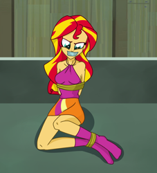 Size: 1484x1631 | Tagged: safe, artist:nie-martw-sie-o-mnie, part of a set, sunset shimmer, equestria girls, g4, ankle tied, arm behind back, bare shoulders, bondage, bound and gagged, clothes, female, gag, rainbow rocks outfit, set:rainbooms in bondage, skirt, socks, solo, stocking feet, tape, tape gag