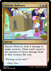 Size: 375x523 | Tagged: safe, edit, derpy hooves, spike, dragon, pegasus, pony, g4, the point of no return, blonde, blonde mane, box, cardboard box, ccg, clothes, derp, english, envelope, eyelashes, female, hat, letter, magic the gathering, mail, mailpony uniform, mare, open mouth, ponies wearing clothing, school of friendship, shirt, stamp, text, trading card, trading card edit, yellow mane