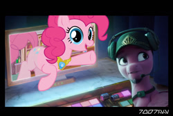 Size: 1288x858 | Tagged: safe, edit, edited screencap, editor:teren rogriss, screencap, pinkie pie, ruddy sparks, earth pony, pegasus, pony, g4, g5, my little pony: a new generation, spoiler:my little pony: a new generation, baseball cap, cap, control panel, element of laughter, facial hair, female, goatee, hat, headphones, male, mare, pinkie being pinkie, screen, stallion
