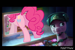 Size: 1288x858 | Tagged: safe, edit, edited screencap, editor:teren rogriss, screencap, pinkie pie, ruddy sparks, earth pony, pegasus, pony, g4, g5, my little pony: a new generation, spoiler:my little pony: a new generation, balloonbutt, baseball cap, breaking the fourth wall, butt, cap, control panel, facial hair, female, goatee, hat, headphones, male, mare, pinkie being pinkie, plot, screen, stallion
