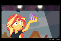 Size: 1288x858 | Tagged: safe, edit, edited screencap, editor:teren rogriss, screencap, spike, sunset shimmer, twilight sparkle, alicorn, dragon, pony, equestria girls, g4, my little pony equestria girls: better together, opening night, opening night: sunset shimmer, season 5, the cutie re-mark, crystal, director shimmer, encasement, headset, twilight sparkle (alicorn)