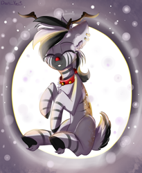 Size: 1800x2200 | Tagged: safe, artist:yuris, oc, oc only, deer, zebra, abstract background, antlers, collar, cute, ear piercing, eyes closed, male, ocbetes, piercing, red nose, smiling, snow, solo, zebra oc