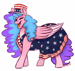 Size: 2804x2655 | Tagged: safe, artist:bella-pink-savage, oc, oc only, oc:bella pinksavage, pegasus, pony, 4th of july, clothes, dress, eyes closed, female, high res, holiday, open mouth, pegasus oc, simple background, solo, united states, white background