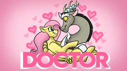 Size: 1280x720 | Tagged: safe, artist:bella-pink-savage, discord, fluttershy, draconequus, pegasus, pony, g4, bridal carry, carrying, duo, female, heart, looking at each other, looking at someone, male, ship:discoshy, shipping, smiling, straight
