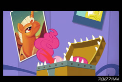 Size: 1288x858 | Tagged: safe, edit, edited screencap, editor:teren rogriss, screencap, pinkie pie, earth pony, mimic, pony, g4, the one where pinkie pie knows, chest, forked tongue, mimic chest, open chest, pinkie prey, poster, smash fortune, teeth, this will not end well, tongue out, twilight's castle, vore