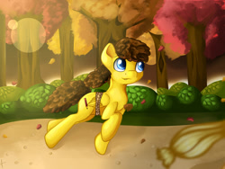 Size: 1280x965 | Tagged: safe, artist:appleneedle, applejack, oc, oc:sunglow, earth pony, pegasus, pony, g4, autumn, contest, forest, leaves, road, run, running of the leaves
