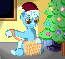 Size: 1280x1152 | Tagged: safe, artist:appleneedle, oc, oc only, earth pony, pony, christmas, christmas tree, freckles, hat, holiday, present, room, santa hat, solo, tree, window
