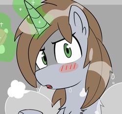 Size: 1139x1069 | Tagged: safe, artist:icey, oc, oc only, oc:littlepip, pony, unicorn, fallout equestria, blush sticker, blushing, bust, chest fluff, cropped, female, glowing, glowing horn, horn, looking at you, magic, mare, modest, modesty, open mouth, shower, soap, solo, telekinesis, wet, wet mane