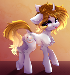Size: 718x769 | Tagged: safe, artist:cabbage-arts, oc, oc only, oc:pearl, pony, unicorn, chest fluff, commission, commissioner:pearl123, curved horn, female, horn, solo, tongue out, unicorn oc