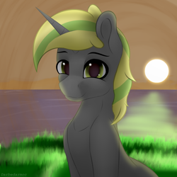 Size: 4096x4096 | Tagged: safe, artist:darbedarmoc, oc, oc:nimax coltlight, pony, unicorn, grass, looking at you, ocean, sitting, smiling, solo, sunset, two toned mane