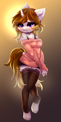 Size: 500x1000 | Tagged: safe, artist:cabbage-arts, oc, oc only, oc:pearl, unicorn, anthro, unguligrade anthro, bare shoulders, blushing, choker, clothes, commission, commissioner:pearl123, curved horn, female, horn, solo, stockings, thigh highs, unicorn oc, zettai ryouiki