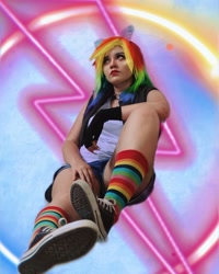 Size: 1080x1352 | Tagged: safe, rainbow dash, human, g4, clothes, converse, cosplay, costume, irl, irl human, photo, rainbow socks, shoes, sneakers, socks, striped socks