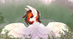 Size: 3264x1751 | Tagged: safe, artist:elektra-gertly, oc, oc only, oc:rainy sky, pegasus, pony, back fluff, commission, female, forest, large wings, looking back, mare, solo, spread wings, wings, ych result