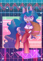 Size: 2480x3508 | Tagged: safe, artist:wavecipher, izzy moonbow, pony, unicorn, g5, my little pony: a new generation, christmas, clothes, costume, hat, high res, holiday, mouth hold, santa costume, santa hat, socks, solo, stockings, thigh highs, white pupils