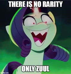 Size: 500x525 | Tagged: safe, edit, edited screencap, screencap, rarity, pony, unicorn, g5, my little pony: a new generation, spoiler:my little pony: a new generation, caption, evil, evil rarity, female, ghostbusters, image macro, imgflip, mare, possessed, red eyes, sproutity, text, zuul