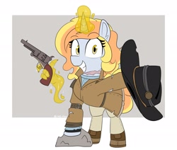 Size: 3035x2568 | Tagged: safe, artist:icey, oc, oc only, pony, unicorn, belt, clothes, commission, eyelashes, glowing, glowing horn, gray coat, gun, hand, handgun, hat, high res, horn, looking at you, magic, magic hands, open mouth, open smile, revolver, rock, signature, smiling, solo, sparkles, tail, torn clothes, two toned mane, two toned tail, unicorn oc, weapon, yellow eyes