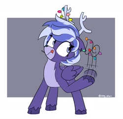 Size: 2000x1943 | Tagged: safe, artist:icey, oc, oc only, oc:night sky, deer, deer pony, original species, peryton, pony, blue coat, blue eyes, christmas, christmas lights, cloven hooves, commission, eyelashes, folded wings, holiday, pale belly, signature, solo, speed lines, tongue out, two toned mane, unshorn fetlocks, wings