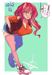 Size: 1400x2000 | Tagged: safe, artist:sozglitch, sunset shimmer, human, g4, bent over, big breasts, breasts, busty sunset shimmer, cleavage, clothes, female, hand in pocket, heart, huge breasts, looking at you, open mouth, open smile, shoes, shorts, smiling, smiling at you, sneakers, socks, solo, stockings, thigh highs, vest