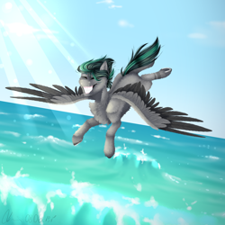 Size: 5000x5000 | Tagged: safe, artist:lunciakkk, oc, oc only, commission, crepuscular rays, flying, solo, water