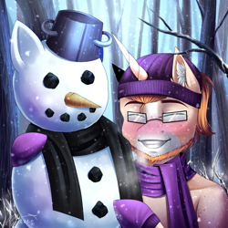 Size: 2228x2228 | Tagged: safe, artist:lunciakkk, oc, oc only, oc:mckeypl, pony, unicorn, bust, commission, forest, high res, portrait, snow, snowfall, snowman, winter