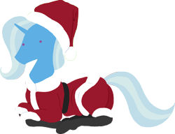 Size: 1504x1157 | Tagged: safe, artist:thehuskylord, trixie, pony, unicorn, g4, black stockings, christmas, clothes, costume, dot eyes, holiday, lying down, mane, pointy ponies, santa costume, simple, simple background, solo, tail, transparent background