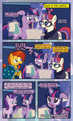 Size: 1920x3169 | Tagged: safe, artist:alexdti, moondancer, starlight glimmer, sunburst, twilight sparkle, alicorn, pony, unicorn, comic:quest for friendship, g4, blaze (coat marking), cloak, clothes, coat markings, comic, dialogue, ears back, facial markings, female, folded wings, glasses, glowing, glowing horn, gritted teeth, horn, looking back, magic, mare, misspelling, multicolored mane, multicolored tail, notepad, open mouth, purple eyes, scroll, shrunken pupils, speech bubble, sunburst's cloak, sunburst's glasses, tail, teal eyes, telekinesis, twilight sparkle (alicorn), twilight's castle, two toned mane, wings