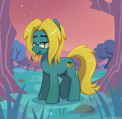 Size: 2894x2836 | Tagged: safe, artist:lummh, oc, oc only, earth pony, pony, blue, bored, commission, earth pony oc, eating, eyebrows, grass, grazing, herbivore, high res, horses doing horse things, lidded eyes, male, original character do not steal, outdoors, raised hoof, signature, sky, solo, stallion, stars, sunset, tree, yellow
