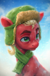 Size: 720x1080 | Tagged: safe, artist:assasinmonkey, sprout cloverleaf, earth pony, pony, g5, my little pony: a new generation, christmas, clothes, hat, holiday, male, scarf, snow, solo, sproutbetes, stallion, ushanka