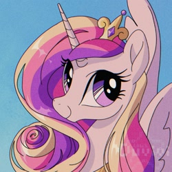 Size: 2000x2000 | Tagged: safe, artist:duvivi, princess cadance, alicorn, pony, g4, crown, eye clipping through hair, female, gradient background, high res, jewelry, looking at you, mare, regalia, smiling, smiling at you, solo, spread wings, watermark, wings