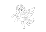 Size: 7016x4961 | Tagged: safe, artist:memprices, oc, oc only, oc:pinkiecintia, alicorn, pony, absurd resolution, alicorn oc, flying, horn, looking at you, monochrome, open mouth, open smile, original character do not steal, pencil drawing, request, requested art, simple background, sketch, smiling, smiling at you, spread wings, traditional art, white background, wings