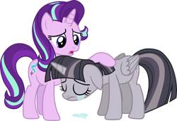Size: 2803x1932 | Tagged: safe, artist:davidsfire, artist:wardex101, edit, starlight glimmer, twilight sparkle, alicorn, pony, unicorn, fame and misfortune, g4, comforting twilight, crying, depressed, discorded, discorded twilight, duo, female, folded wings, mare, sad, simple background, sorrow, transparent background, twilight sparkle (alicorn), twilight tragedy, vector, wings