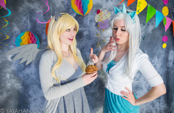 Size: 900x583 | Tagged: safe, artist:twinklebatcosplay, artist:yashuntafun, derpy hooves, lyra heartstrings, human, g4, 2015, clothes, cosplay, costume, food, hand on hip, irl, irl human, jewelry, muffin, necklace, pearl necklace, photo, watermark