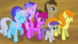Size: 1280x720 | Tagged: safe, screencap, berry punch, berryshine, carrot top, doctor whooves, golden harvest, linky, sea swirl, seafoam, shoeshine, time turner, tornado bolt, earth pony, pegasus, pony, unicorn, it's about time, season 2, ^^, background pony, blue eyes, brown mane, brown tail, cute, eyes closed, female, filly, foal, green eyes, laughing, male, mare, open mouth, open smile, orange mane, orange tail, raised hoof, shadow, small wings, smiling, spread wings, stallion, standing, tail, tornadorable, two toned mane, two toned tail, wings
