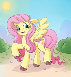 Size: 1280x1383 | Tagged: safe, artist:nedemai, fluttershy, pegasus, pony, g4, g5, my little pony: a new generation, bush, colored hooves, female, floppy ears, g4 to g5, looking at self, looking sideways, mare, open mouth, outdoors, raised hoof, solo, spread wings, standing, standing on two hooves, unshorn fetlocks, wavy mouth, wings
