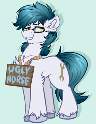 Size: 3100x4000 | Tagged: safe, artist:witchtaunter, oc, oc:ironsides, earth pony, pony, chest fluff, commission, ear fluff, glasses, male, rope, sign, simple background, smiling, smirk, solo, ugly