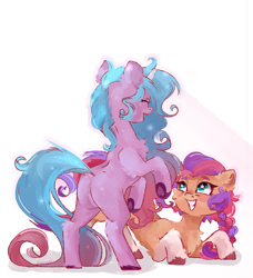Size: 3650x4000 | Tagged: safe, artist:colorbrush, izzy moonbow, sunny starscout, earth pony, pony, unicorn, g5, my little pony: a new generation, braid, butt, chest fluff, colored hooves, crouching, duo, ear fluff, elbow fluff, eyes closed, female, fluffy, grin, heart, high res, hoof heart, izzy moonbutt, leg fluff, looking at someone, looking up, mare, open mouth, open smile, outline, plot, rearing, simple background, smiling, starry eyes, underhoof, unshorn fetlocks, upside-down hoof heart, white background, wingding eyes